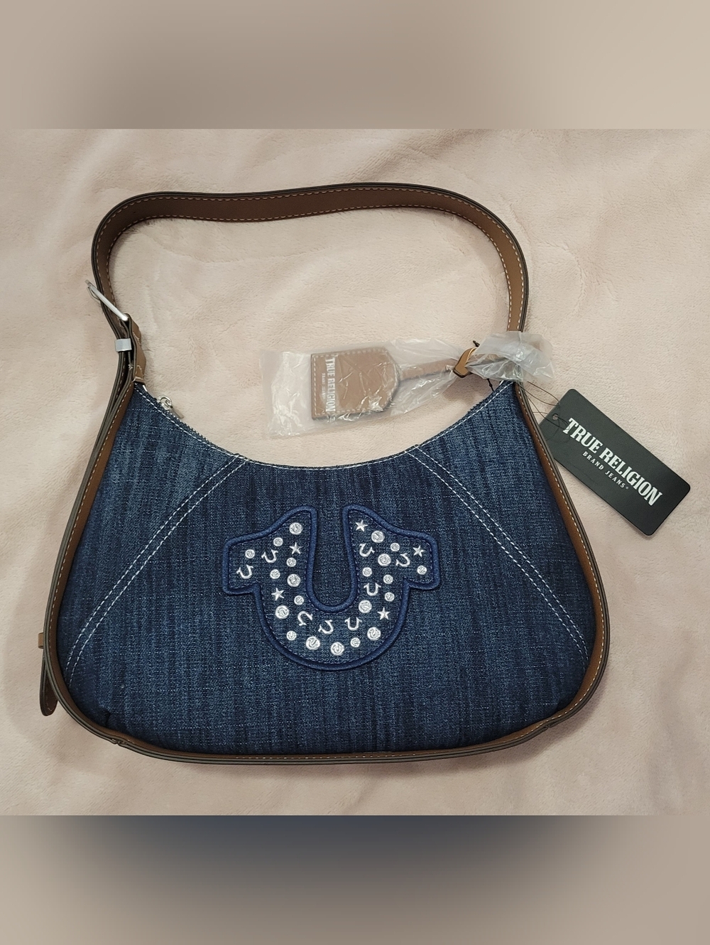 True Religion Dark Blue Denim Shoulder Bag with Studded Horseshoe Logo